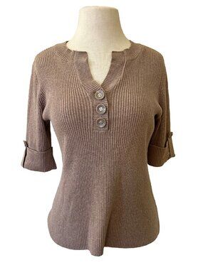 Vintage Y2k Axcess Cotton Short Sleeve Tab Cuff Taupe Ribbed Knit Sweater M Top